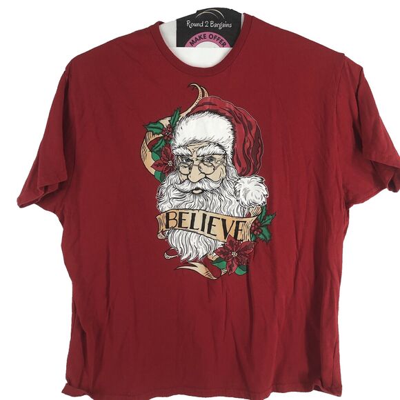 Santa Claus Men T-Shirt 3XL Red Believe Christmas Holiday Graphic Short Sleeve - Picture 1 of 6